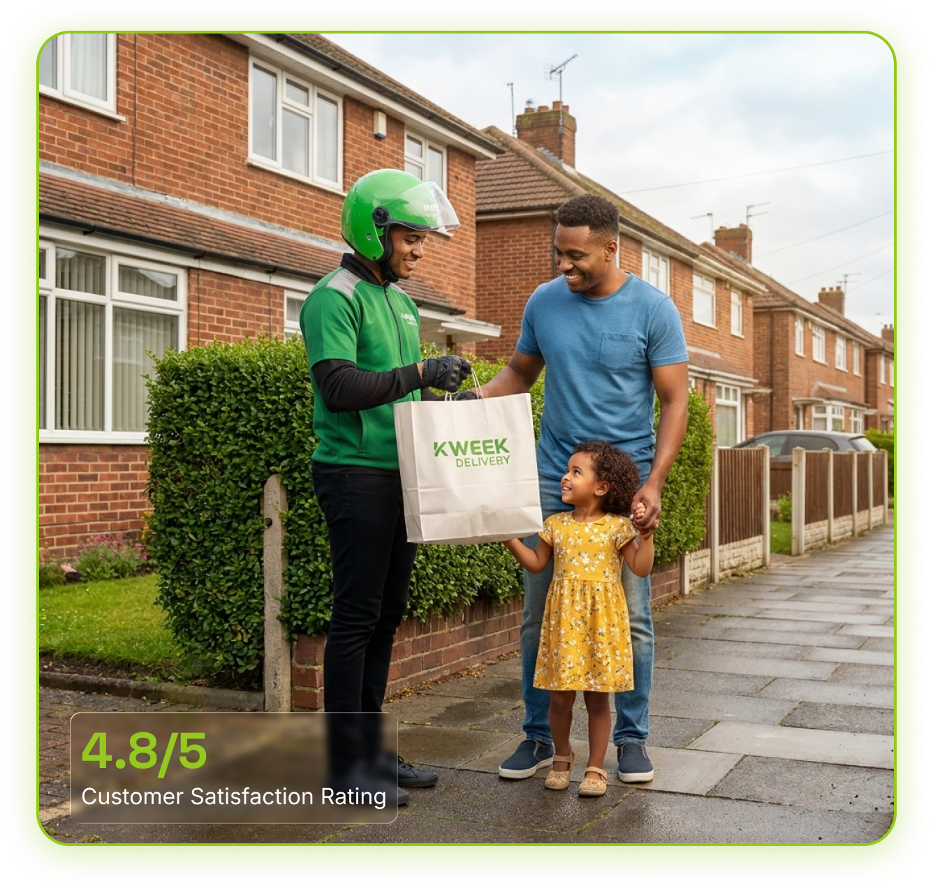 Happy customer receiving groceries from Kweek rider